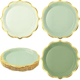 30Pcs Sage Green Paper Plates Gold Foil Scalloped