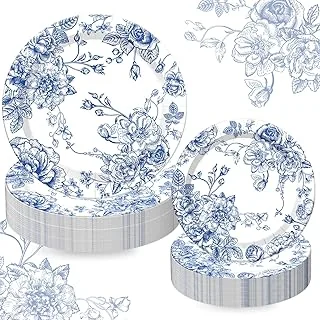 40Pcs Blue White Floral Paper Plates Flower Disposable