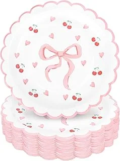 40Pcs Pink Bow Paper Plates 9 Inch Scalloped Bowknot Cherry