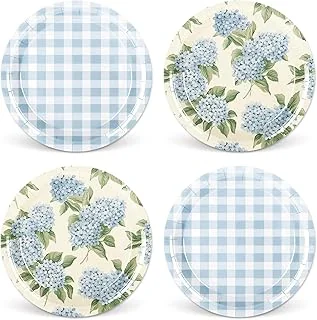 40Pcs Hydrangea Plaid Paper Plate Blue And White Floral
