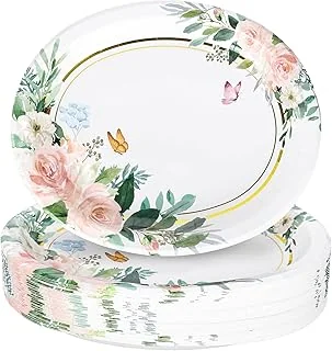 50Pcs Spring Floral Oval Paper Plates Watercolor Pink