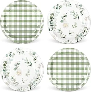 40 Pcs Sage Green Plaid Paper Plate Eucalyptus Leaves