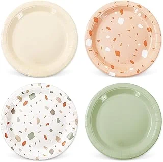 24 Pcs Sage Green Paper Plates Solid Beige Brown Terrazzo