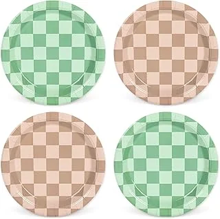 24 Pcs Checkered Paper Plates Sage Green Brown Plaid