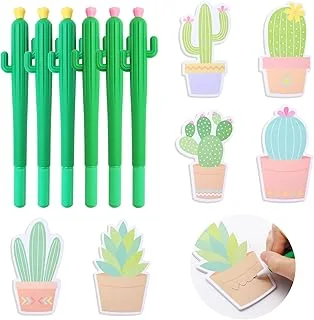 Whaline 12 Pieces Cactus Shaped Roller Pens With Sticky Notes, Gel Ink Pens,