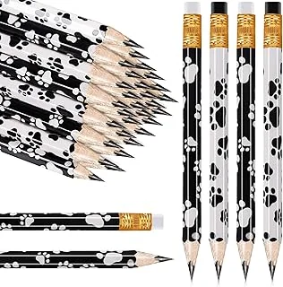 Whaline 48Pcs Dog Paw Short Pencils with Erasers White Black Paw Print Writing