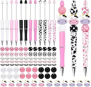 Whaline 12 Sets Cow Print Beadable Pens Assorted DIY Pens with 12 Pcs Milk Cow