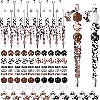Whaline 110Pcs Cow Beadable Pens Black and Brown Cow Print DIY Pens with 30Pcs