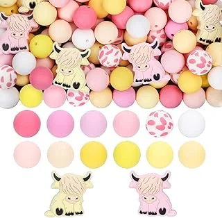 Whaline 100Pcs Highland Cow Silicone Bead Animal Shaped Bead Pink Yellow Loose