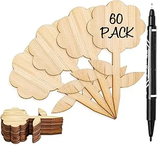 60Pcs Flower-Type Bamboo Plant Labels with 1 Marker Pen Eco-Friendly Wooden