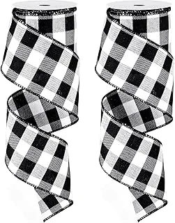 2 Rolls Wired Edge Plaid Ribbon Christmas Buffalo Check Ribbon White Black