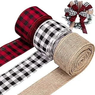 3 Rolls Wired Edge Ribbons, 30 Yards x 2 Inches Black Red Plaid Ribbon, Black
