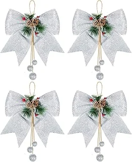 4pcs Christmas Bow, Silver Wreaths Bows, Large Glitter Ribbon Bow Tie, Large