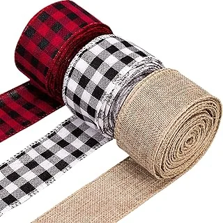 3 Rolls Christmas Wired Edge Ribbons, 30 Yards x 1 Inches Black Red Plaid