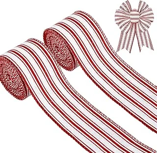 2 Rolls Christmas Wired Edge Ribbon Christmas White Red Striped Fabric Ribbon