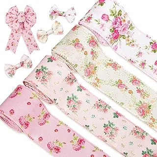 Pink Floral Wired Edge Ribbon 4 Rolls Rose Flower Pattern Ribbon Spring Summer