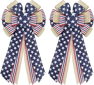 2Pcs 4th of July Large Wreath Bow 3-Layers Stars and Stripes Farmhouse Bows