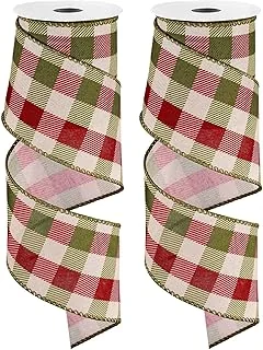 2 Rolls Wired Edge Plaids Ribbon - Christmas Buffalo Check Red Green, 2.5 Inch