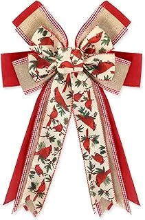 Christmas Wreath Bow Red Cardinal Birds Pattern Burlap Bow 16.5 x 11 Inch Xmas