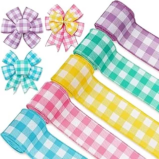 Colored Wired Edge Ribbon 30 Yards Spring Pastel Gingham Patterned Ribbon