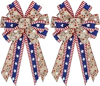 2Pcs Patriotic Large Wreath Bow Red Blue White Stars and Stripes Bow 4th of