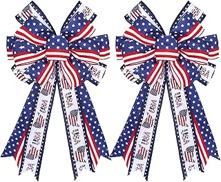 2Pcs Patriotic Large Wreath Bow Red Blue Stars and Stripes Bow 4th of July