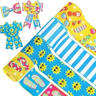 4 Rolls Summer Wired Ribbon 24 Yards Flip Flop Fabric Decorative Ribbon Summer