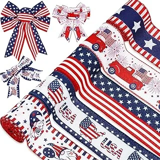 30 Yards Patriotic Wired Edge Ribbon 4th of July Star Strip Burlap Ribbon Red