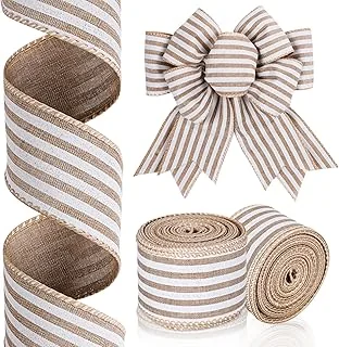 20 Yards Striped Wired Edge Ribbon White Natural Color Stripe Craft Ribbon