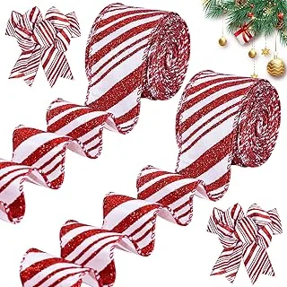 2 Rolls 20 Yards Christmas Wired Edge Ribbons Glitter Red White Stripes Ribbon