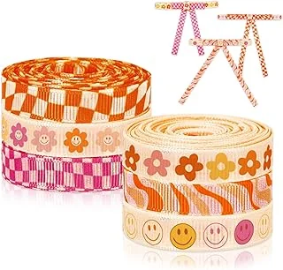 6 Rolls Retro Groovy Ribbon 30 Yards 0.4 Inch Boho Daisy Checkered Face