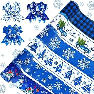6 Roll Christmas Wired Ribbon Blue White Snowflake Truck Christmas Tree Winter