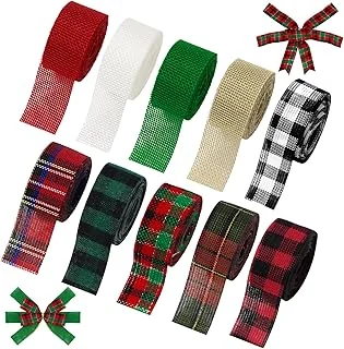 10 Rolls 50 Yards Christmas Burlap Ribbon Rolls 1 Inch Wired Plaid Wrapping