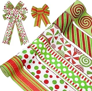 Christmas Ribbons 36 Yards Dot Stripe Candy Wired Edge Ribbon Red Green Fabric