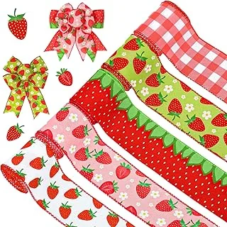 5 Roll Strawberry Wired Ribbon 2.5 Inch Red Pink Green Strawberry Plaid Fabric