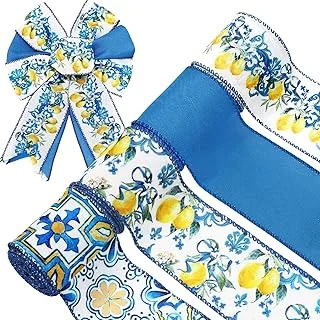 Lemon Wired Edge Ribbon 24 Yards Blue Tile Lemon Fabric Craft Ribbon