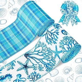 2 Rolls Summer Wired Edge Ribbon 2.5 Inch 20 Yards Seahorse Starfish Coral