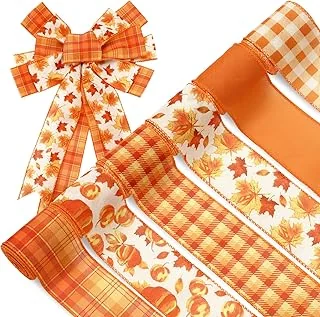 6 Rolls Fall Wired Edge Ribbon Orange Pumpkin Maple Plaid Craft Ribbon