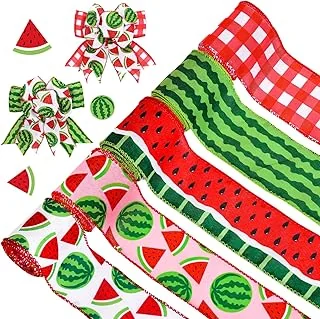 5 Rolls Summer Watermelon Wired Edge Ribbon 2.5 Inch Red Green Fruit Watermelon