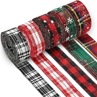 5 Rolls 30 Yard Christmas Burlap Ribbon - 1 Inch Snowflake Plaid