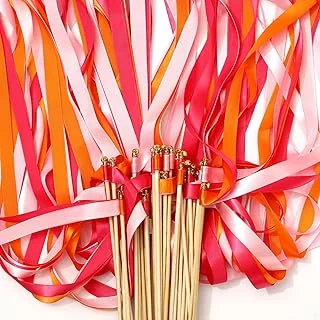 40Pcs Wedding Ribbon Sticks with Bells Pink Orange Streamers Fairy Stick Wands