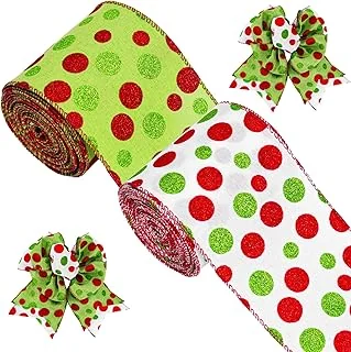 Christmas Wired Edge Ribbons 4 in 24 Yards Red Green Glitter Polka Dots Print