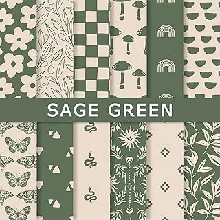 24 Sheets Vintage Boho Sage Green Ivory Pattern Paper