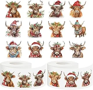1000Pcs Christmas Highland Cow Roll Stickers Watercolor