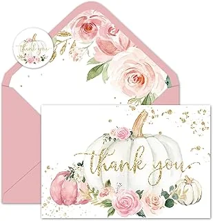 Fall Thank You Cards Bulk Pink Floral Pumpkin Thank You