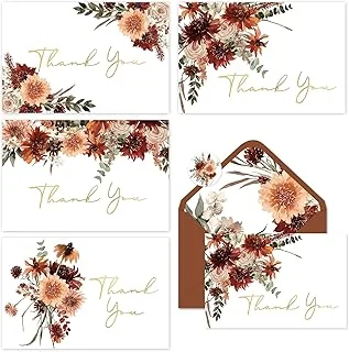 32 Packs Fall Floral Gold Foil Thank You Cards Watercolor