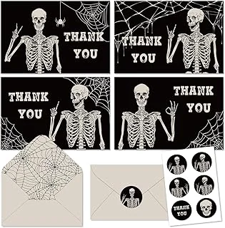 32 Pack Halloween Thank You Cards Black Smiling Skeleton