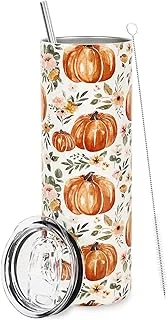 Whaline Fall Tumbler with Lid and Straw Watercolor Pumpkin Flower Stainless