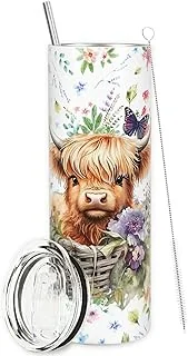 Whaline Highland Cow Tumbler with Lid and Straw Watercolor Cow Flower Butterfly