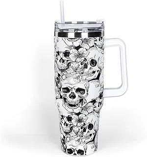 Whaline 40oz Halloween Skull Tumbler with Straw and Lid Spooky Skull Flower